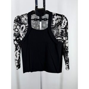 Investments Womens Black White Floral Mesh Sleeve Faux Layered Knit Top Size M